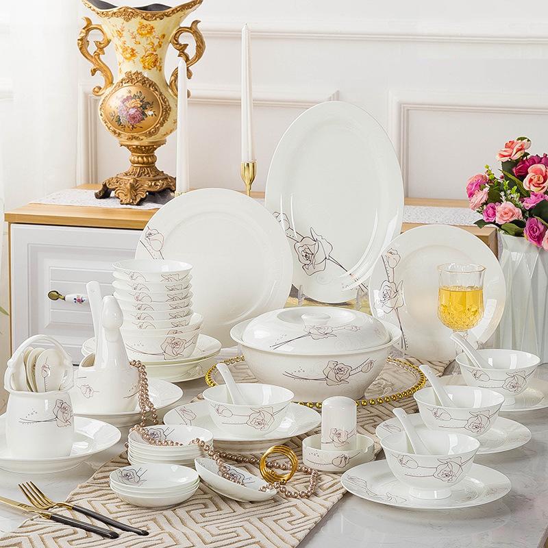 Jingdezhen Ceramic Golden Rose Dinnerware Set 60-Piece Set