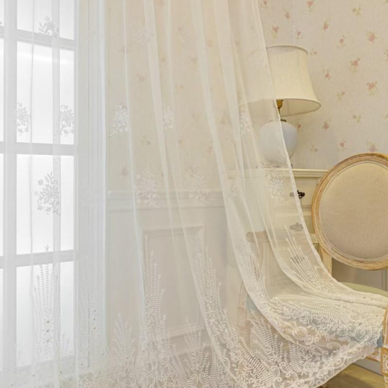 White Sheer Lace Curtain With Embroidery Beading Semi-Sheer Living Room Bedroom Window Drapery