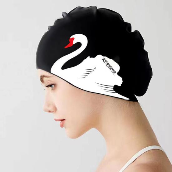 Women Swim Hat Swan Print Elastic Non-slip Ear Protection Waterproof Silicone Long Short Hair Adults Bathing Pool Swimming Hat