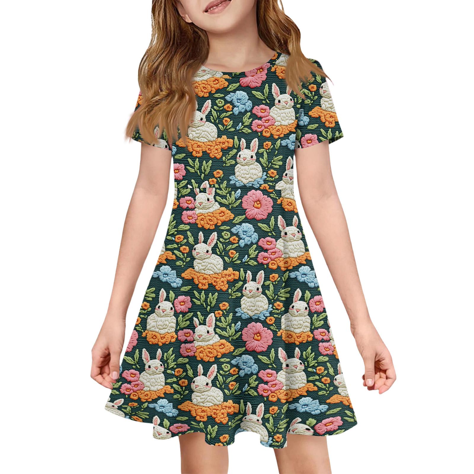 

Girl Summer Dress Color & Print Short Sleeve Dress With Pocket Casual Dress Shorts Sleeve Party Dress Easter Day 160