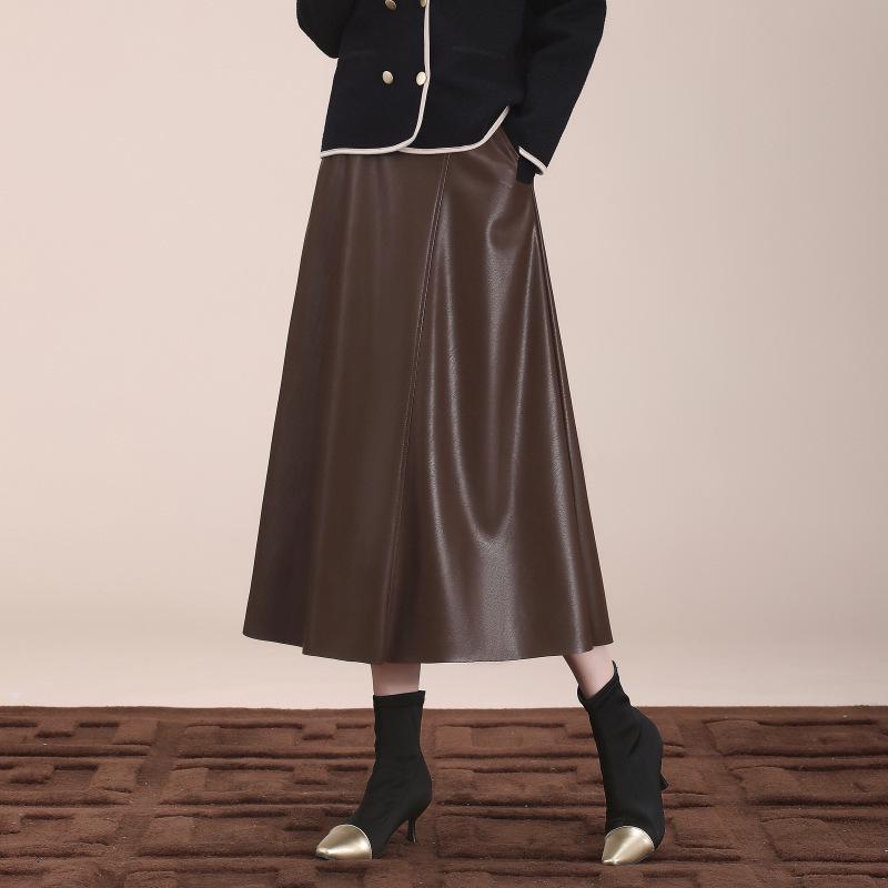 

New Women s Slimming Lambskin A-line Midi Skirt - Over-the-Knee Umbrella Design with Elastic High Waist. 2XL кофейный