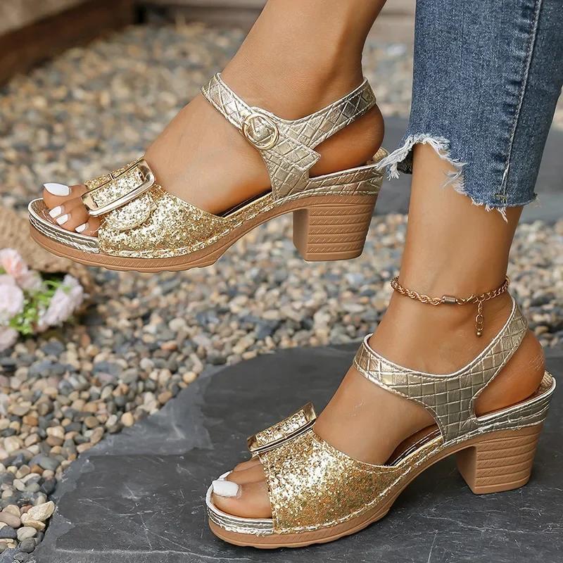 Fashion Gold Glitter Ankle Strap Sandals Women High Square Heels Summer Shoes Woman Ankle Strap Shiny Sequin Gladiator Sandles Mujer 43
