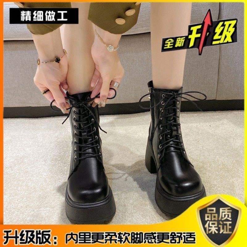 Rundkopf Schnür-Martin-Stiefel mit hohem Absatz Damen dicker Absatz 2025 Plateau Stiefeletten klein Herbst und Winter Weichlederstiefel Damen breite Füße