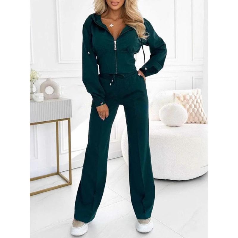 2025 Autumn/Winter European & American Solid Color Hooded Zip-Up Top and Wide-Leg Pants Set