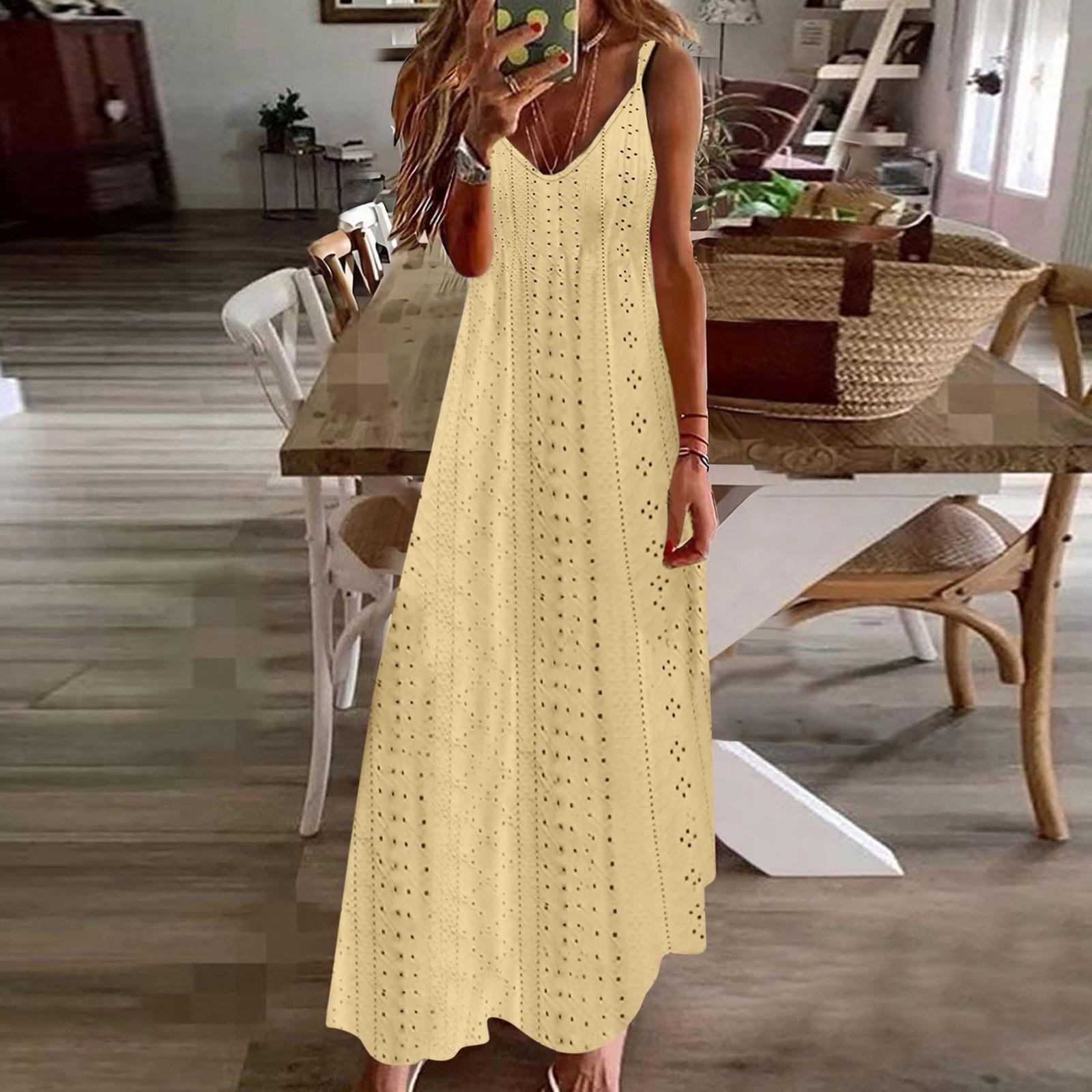 

Женское длинное платье в отпускном стиле, однотонное платье без рукавов с v-образным вырезом на подтяжках S жёлтый