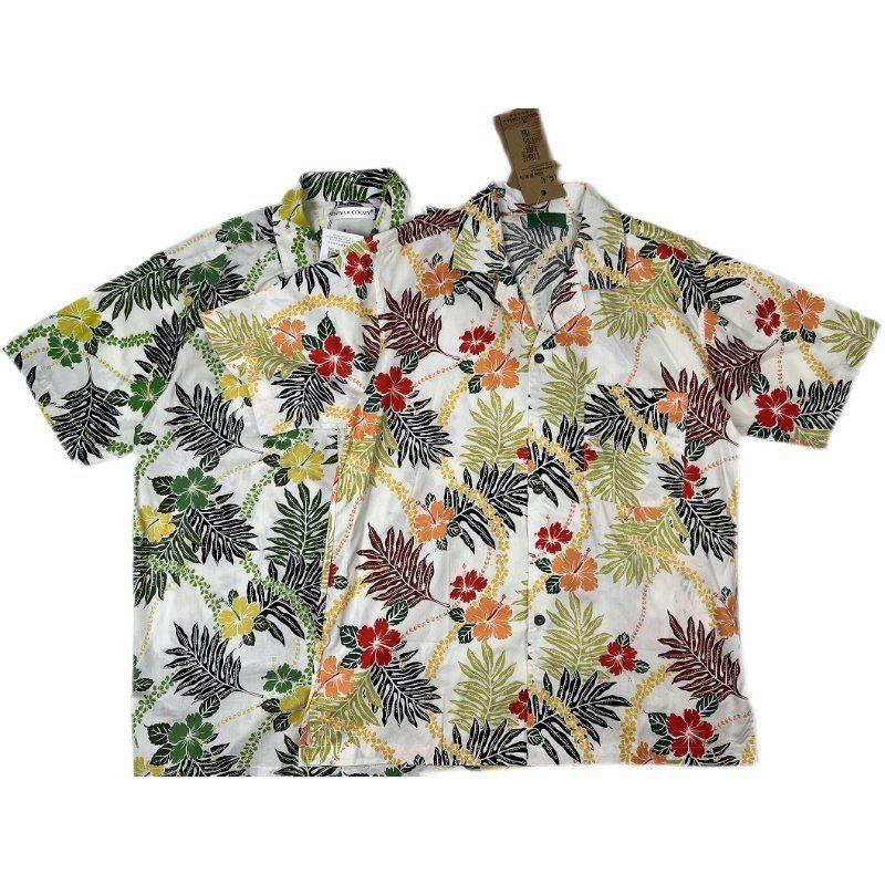Men's Summer Cotton Loose Big Flower Seaside Vacation American vintage Hong Kong Style Couple Print Loose Short sleeve Shirts
