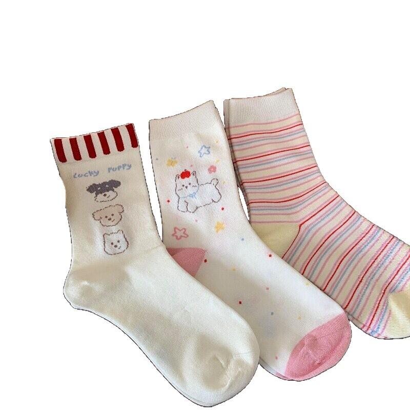 Spring And Summer Thin Breathable Calf Socks Women'S Color Matching Striped Stacking Socks Cute Cartoon Puppy Cotton Socks Boneless Stockings