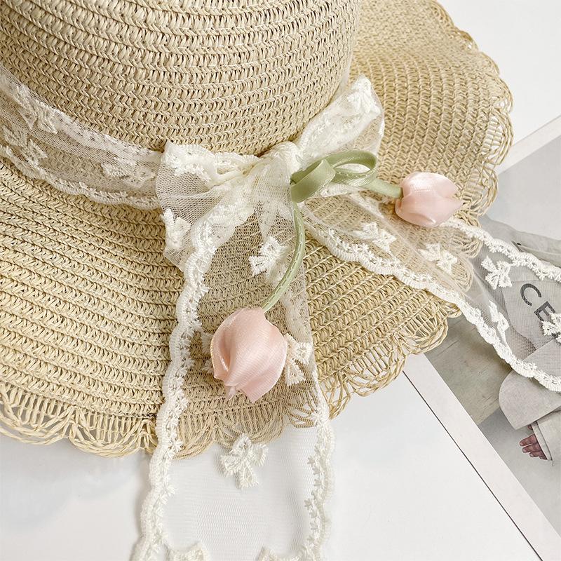 Tulip lace edge straw hat women's summer seaside vacation beach basin hat large brim UV protection sun hat