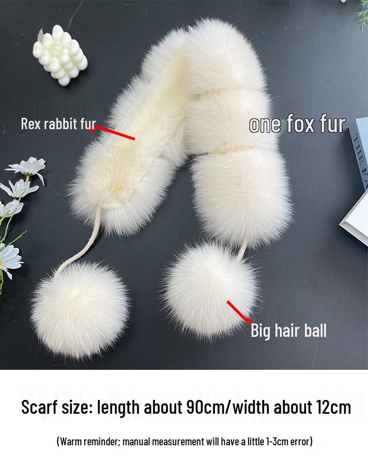 Korean Style Double-Sided Fox & Rabbit Fur Scarf with Pompons for Women