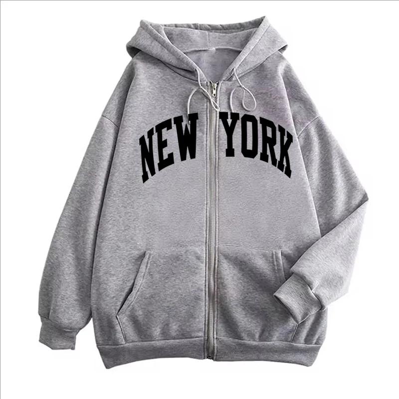 New York Pattern Print Zip Up Hoodie Women Autumn Winter Casual Fashion Korean Style Long Sleeve Coat Fleece Zipper Sweatshirts