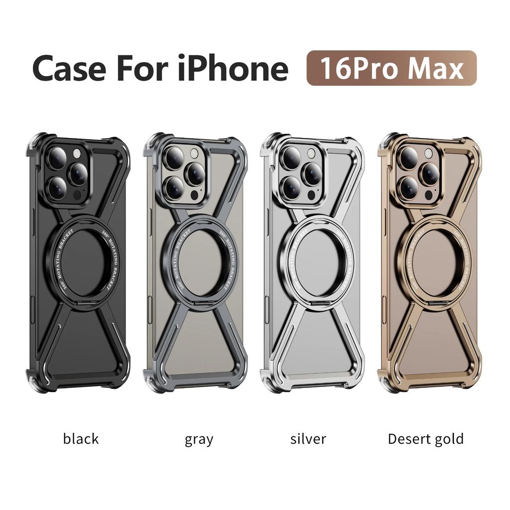 Titanium Metal Alloy Magnetic Phone Case For iPhone 13 14 15 Plus 16 Pro Max 360° Rotation Holder Frameless Protective Cover