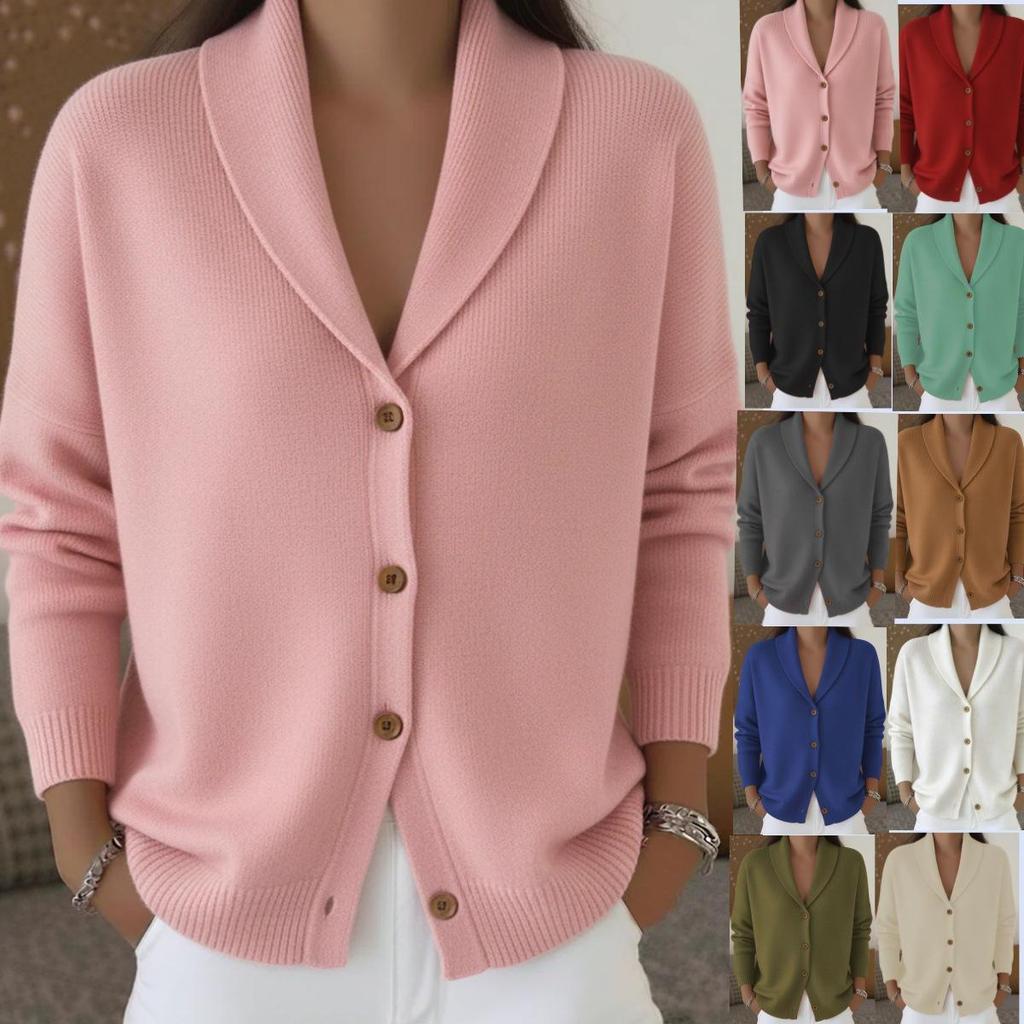 European & American Autumn/Winter Women's Loose Knit Cardigan - Soft Lapel, Buttoned Plain Long Sleeve Sweater