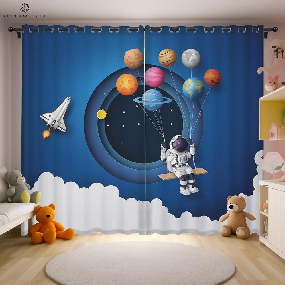 Animated Cartoon Astronaut and Space Drapes for Kids Bedroom Window Decoration Semi Blackout Curtains Home Decoration
