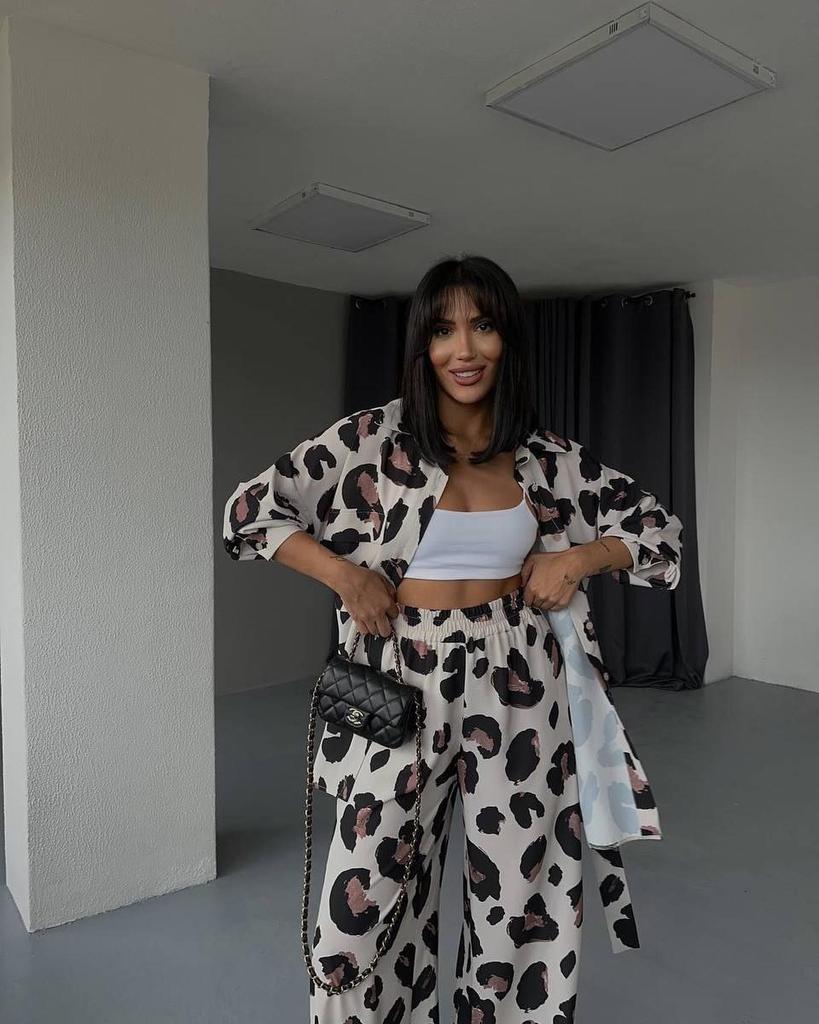 2023 Podzimní Dámská Tištěná Košile s Dlouhým Rukávem & Kalhoty se Širokými Nohavicemi Dvoudílná Ležérní Sada