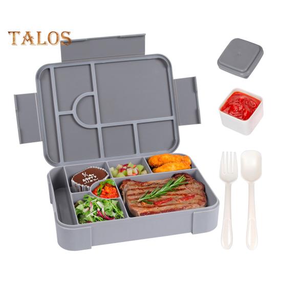 

Ланч-бокс Bento, герметичный, с 6 отделениями, ложкой, вилкой, соусницей, контейнером для еды без бисфенола А для школьных закусок серый