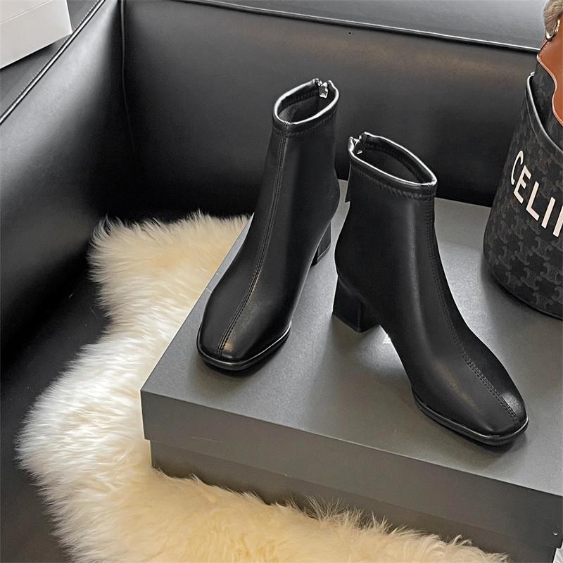 2024 Spring and Autumn New Fashion Round Head Solid Leather Surface Simple Back Zipper Versatile Women's High Heel Naked Boots