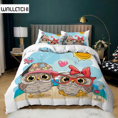 Bettbezug-Set mit Cartoon-Eule, Kingsize, verliebte Eulen, Aufdruck „Süße Partner, Paare“, Zwillingsbettwäsche-Set, weicher Mikrofaser-Bettbezug