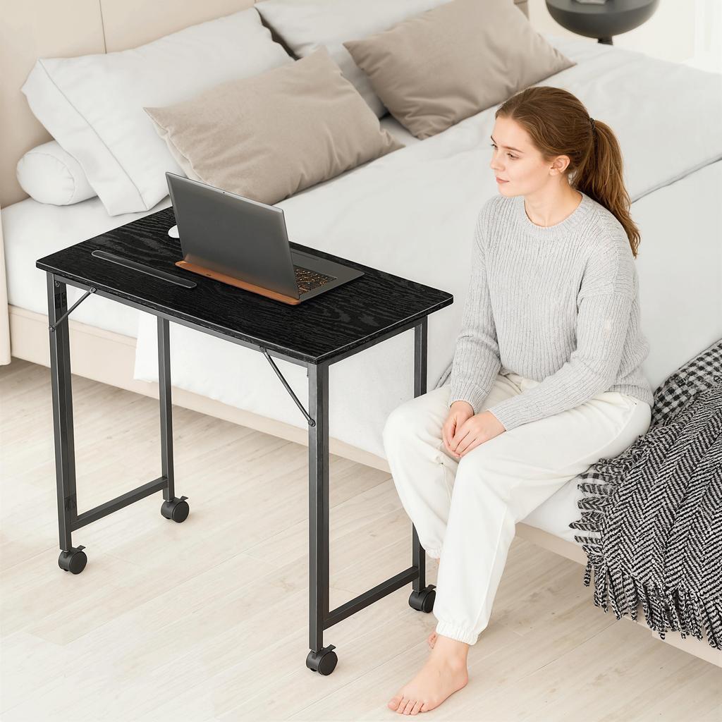 Folding Small Desk on Wheels - Black Wood Effect