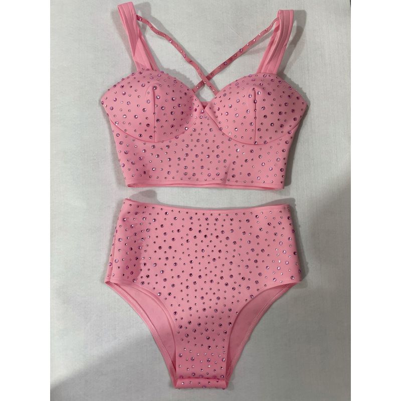 

Nightclub Bar Gogo Lead Dance DS Costume Sexy Super Secret Rhinestone Pink Separates 2 Pieces Suit Performance Wear Pink L