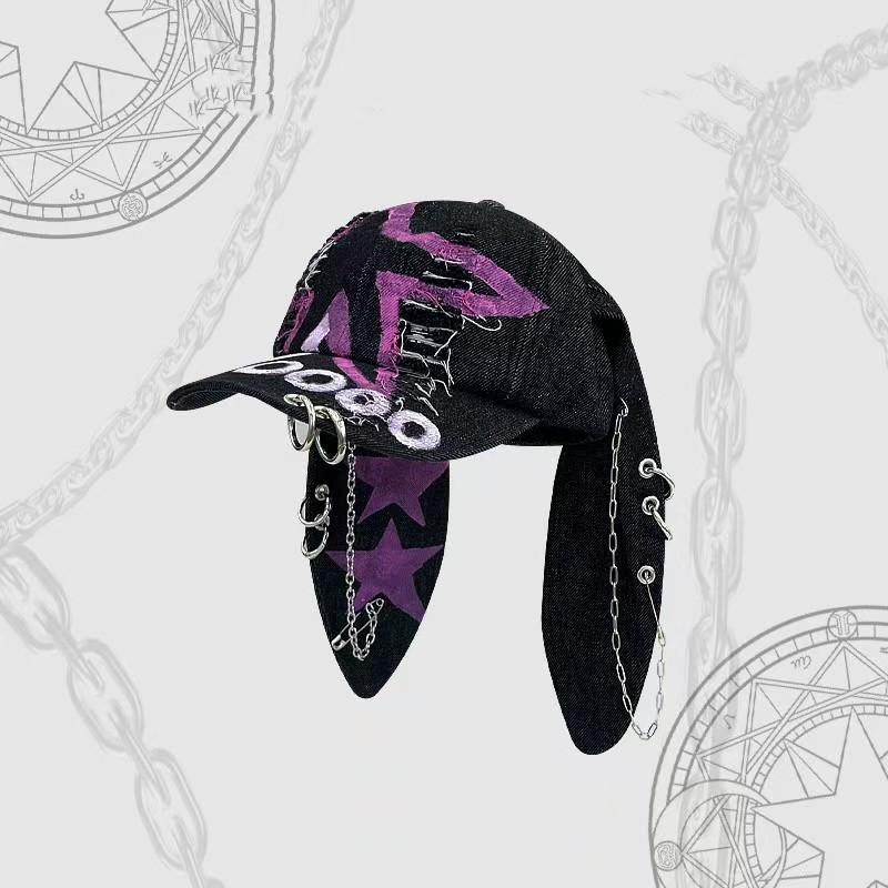 2026 New Y2k Rabbit Ears Denim Ripped Baseball Cap Men and Women Dark Personality Metal Ring Street Trend Adjustable Cosplay Hat