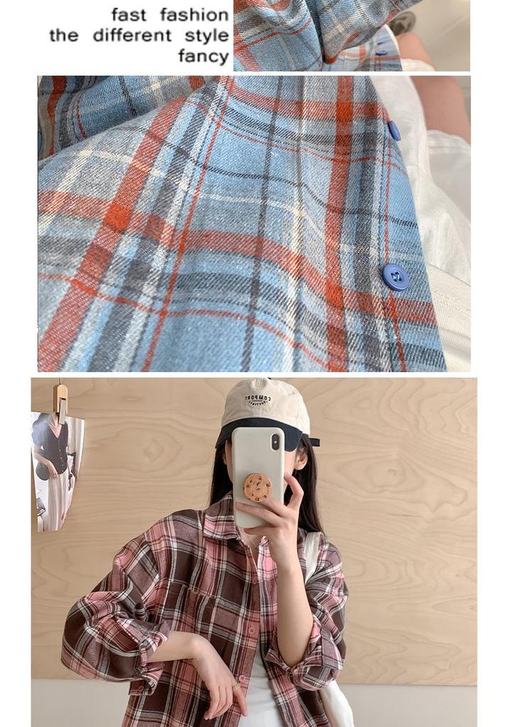 Women's Retro Plaid Long Sleeve Shirt - Spring/Autumn Loose Fit, Korean Style Casual Jacket