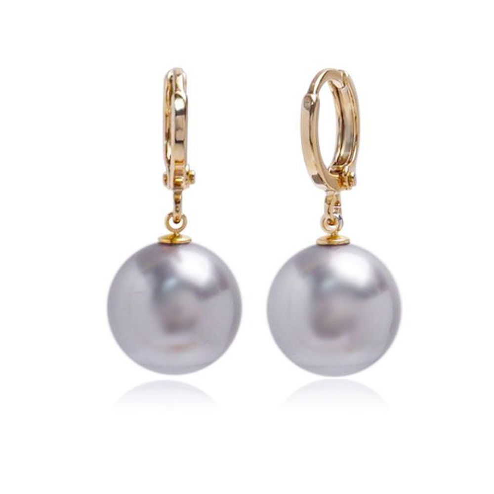 E472 12mm Light Gray Pearl Gold One-Touch Earrings