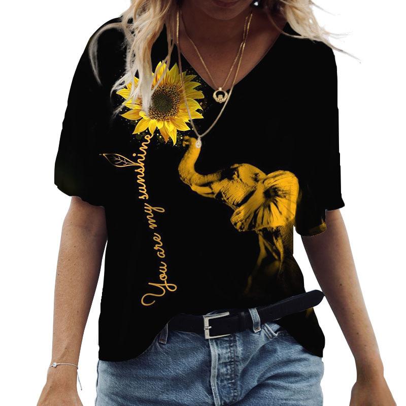 Verão Manga Curta Decote V Nova Blusa Camiseta Casual Feminina Girassol Estampa 3D