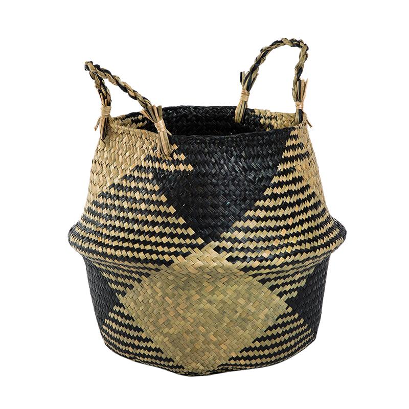 Handmade Straw Storage Baskets Rattan Flower Pot Belly Basket with Handles Folding Clothes Laundry Storage Container