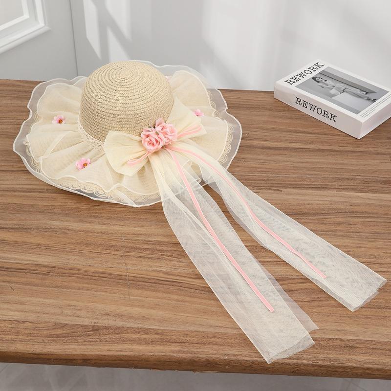 Summer Bow Sun Hat Female, Seaside Beach Vacation Sun Hat Outdoor Big Brim Sun Hat Sweet Straw Hat