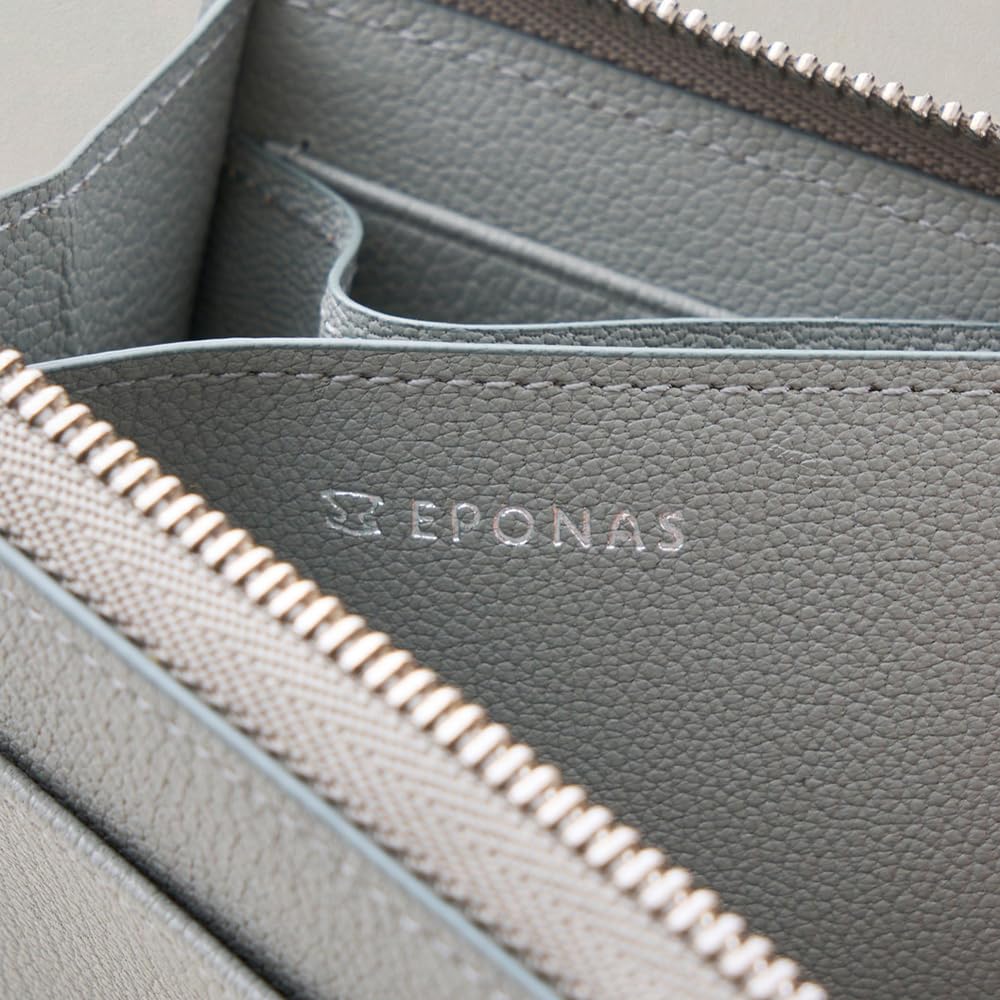 Eponas CONNECT by Eponas Zip Leather Wallet with AirTag Storage Pocket, Genuine French Goat Leather from Arlan, Round Zip (Blue Gray + Shoulder Strap)