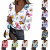 Women's Casual V-Neck Floral Print Long Sleeve Ribbed Top for Everyday Wear