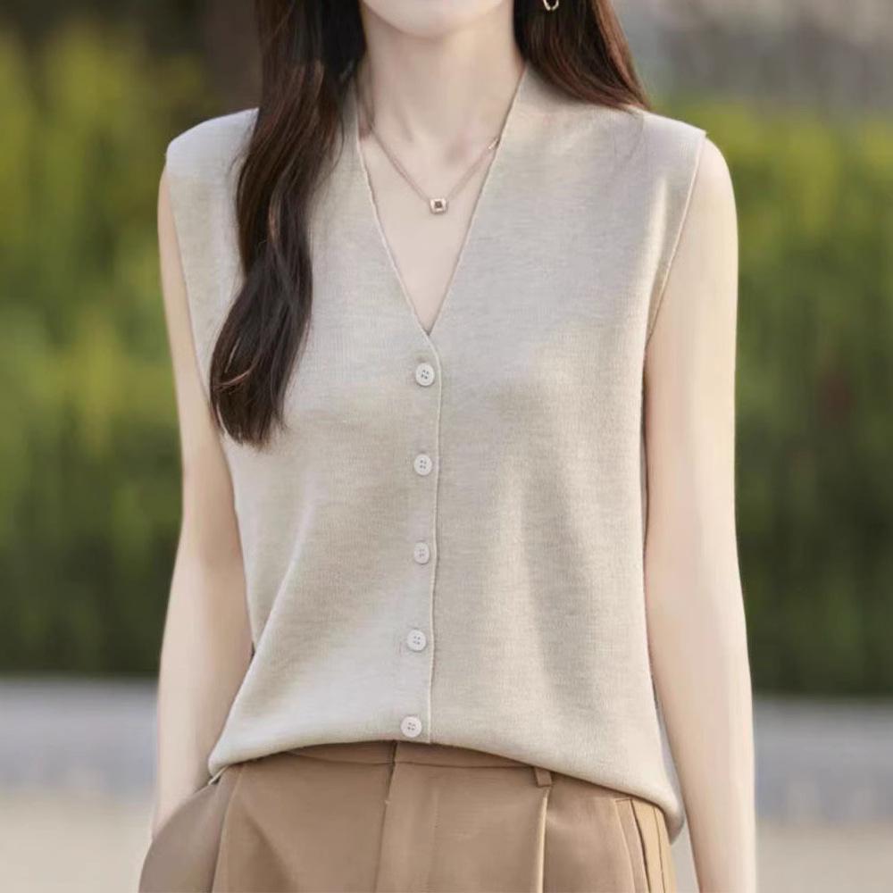 2025 Summer Women's Ice Silk Sleeveless Cardigan Vest with Buttons