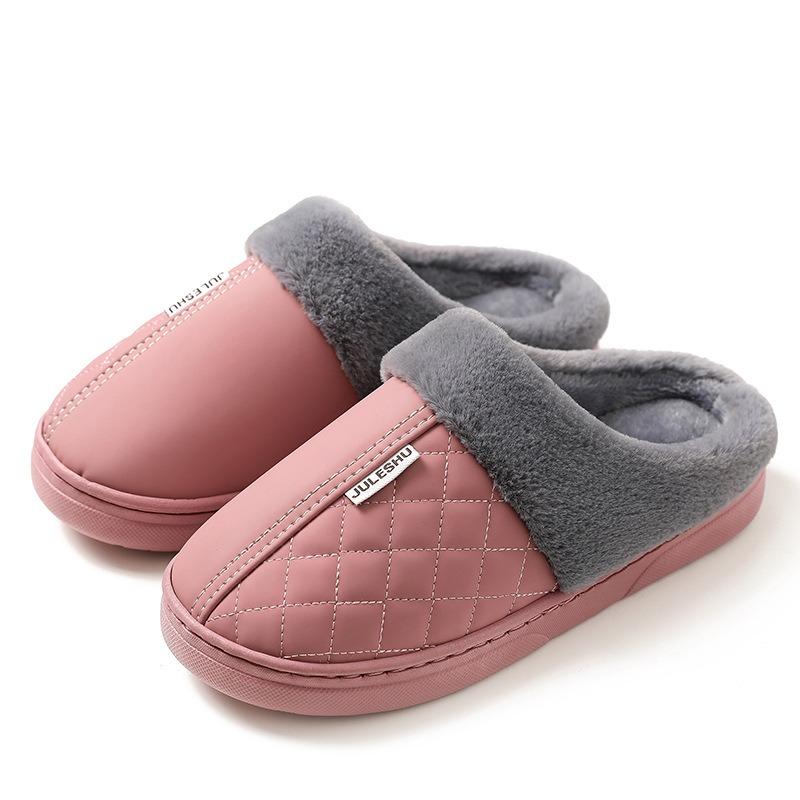 Winter head cotton slippers women's leather surface waterproof men's indoor thermal shoes grid elements