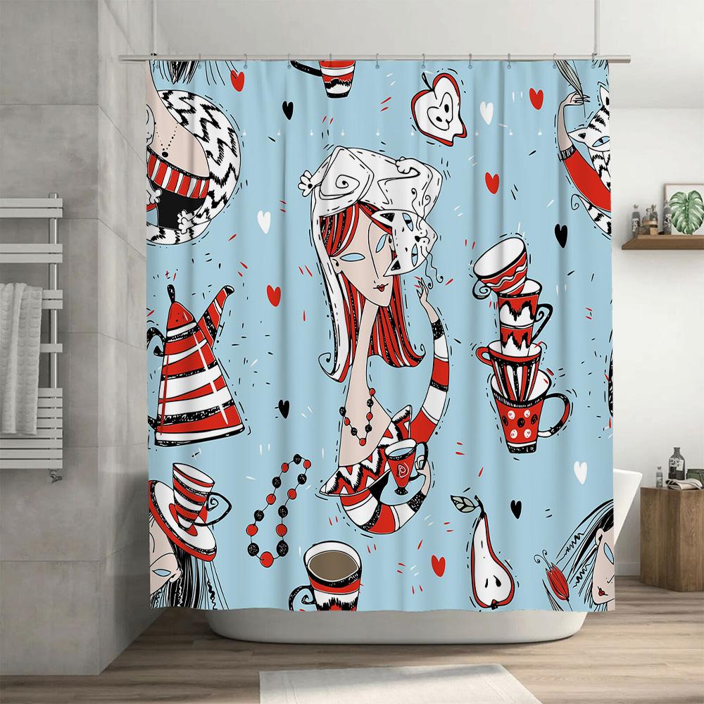 Stilvoller Cartoon-Badevorhang mit Teeparty-Thema Perfekt für Badezimmerdeko!