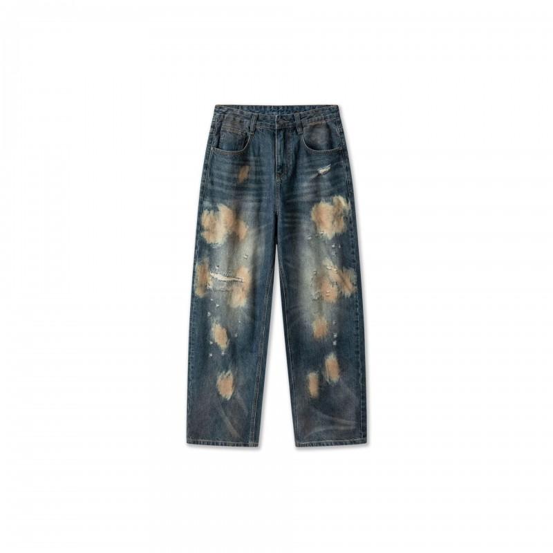 Vintage Distressed Wide Leg Jeans Men Retro Washed Straight Denim Pants Teens