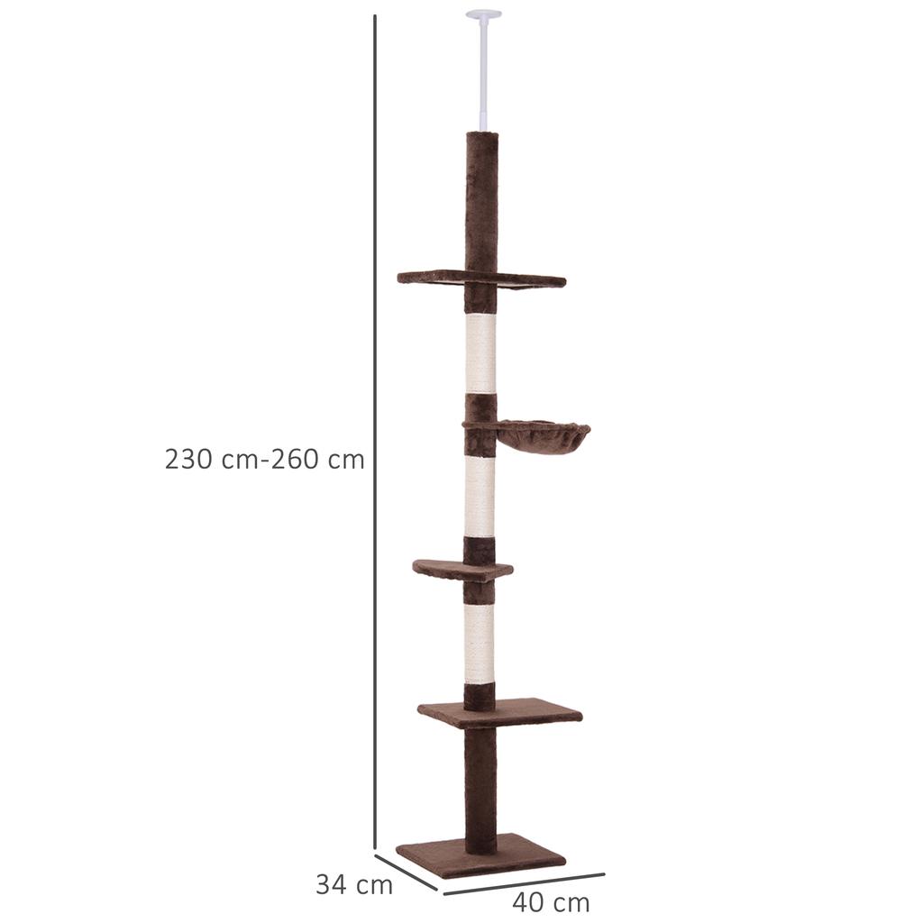 Floor To Ceiling Cat Tree 230-260cm Height Adjustable, 5-Tier Cat Tower with Scratching Posts, Hammock, Perches