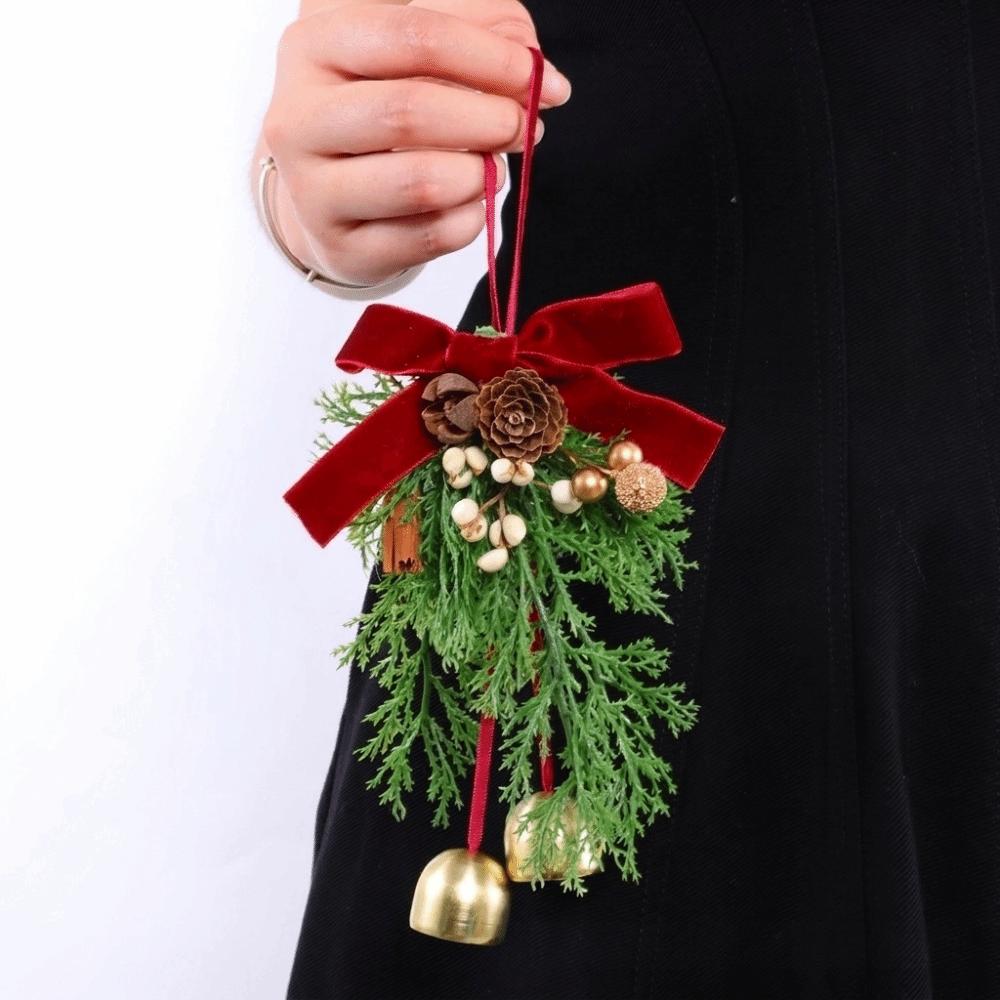 Velvet Bow Christmas Wreath Metal Bell Xmas Tree Hanging Ornaments Vintage Door Garland  Indoor