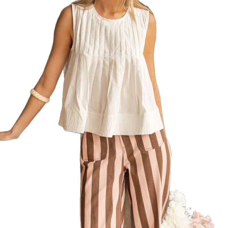 European and American women's clothing summer French pure cotton sleeveless vest shirt women's round neck loose A-shaped doll shirt
