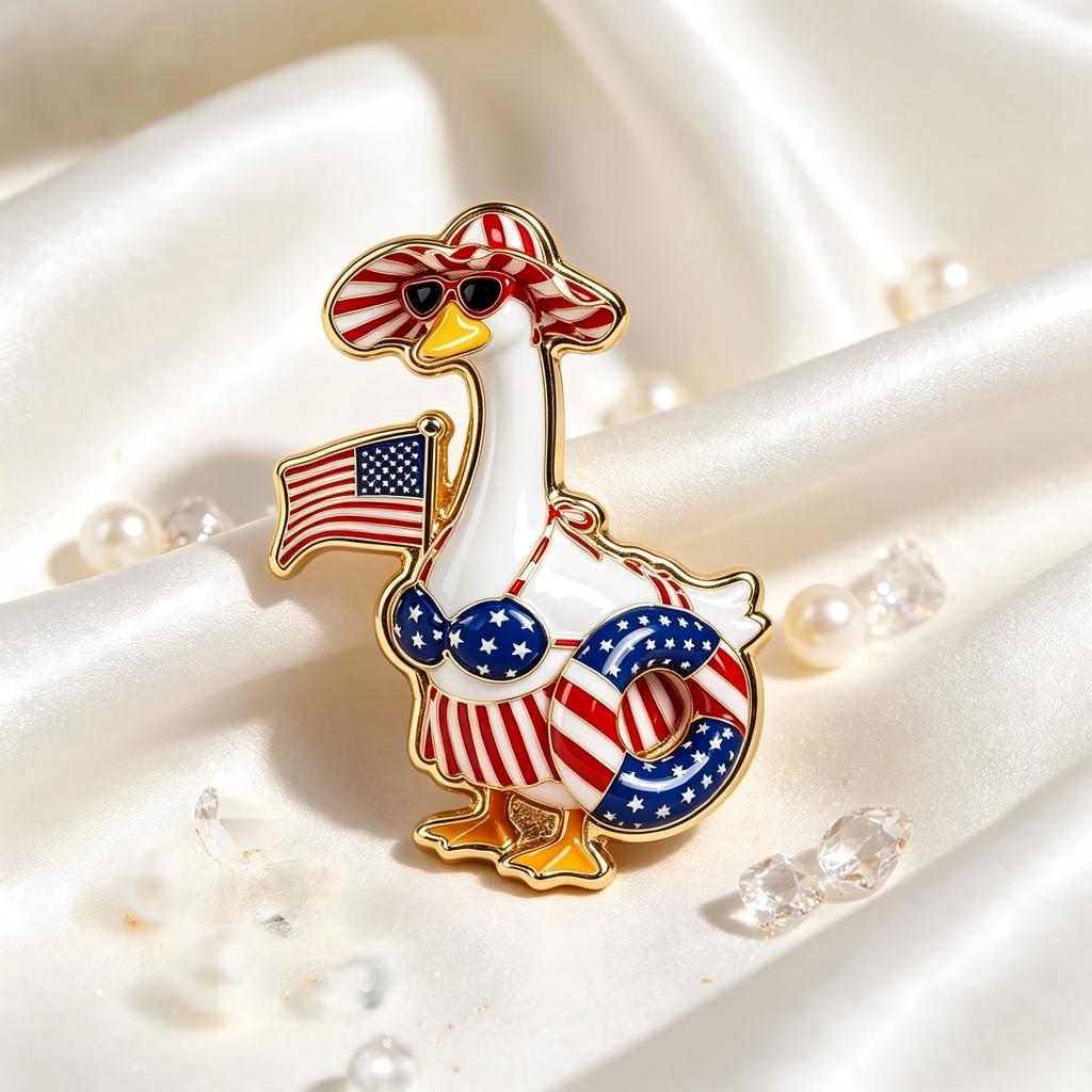 Cartoon Vacation Goose Brooch - American Flag Theme Funny Animal Pin for Bags Clothes Accessories