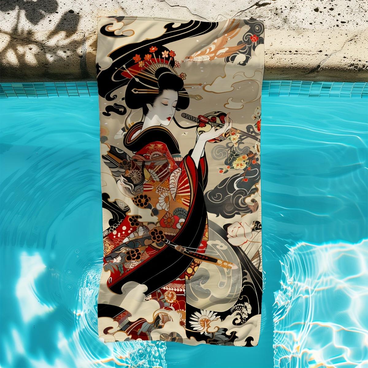 

Japanese Geisha Art Beach Towel Flat Print Traditional Ukiyo-e Style Bath Towel for Travel Swimming Pool Outdoor Decor W30*H60(CM)