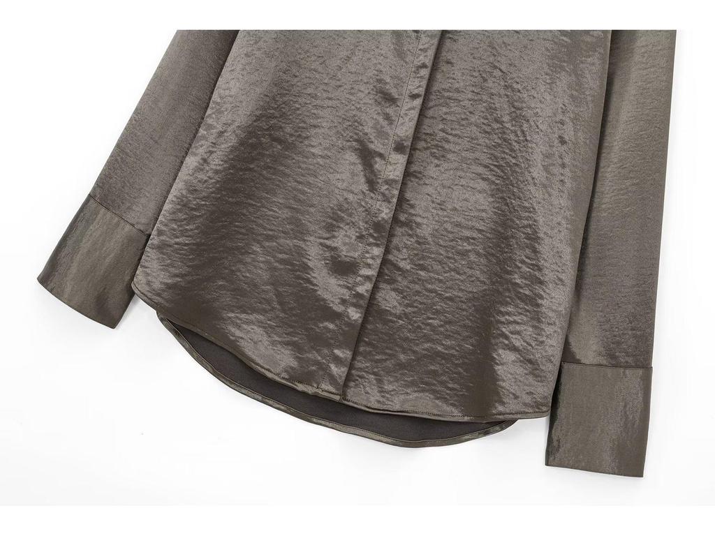 Satin Texture Long Sleeve Shirt with Pocket Decoration - 2024 European & American Fashion for Women