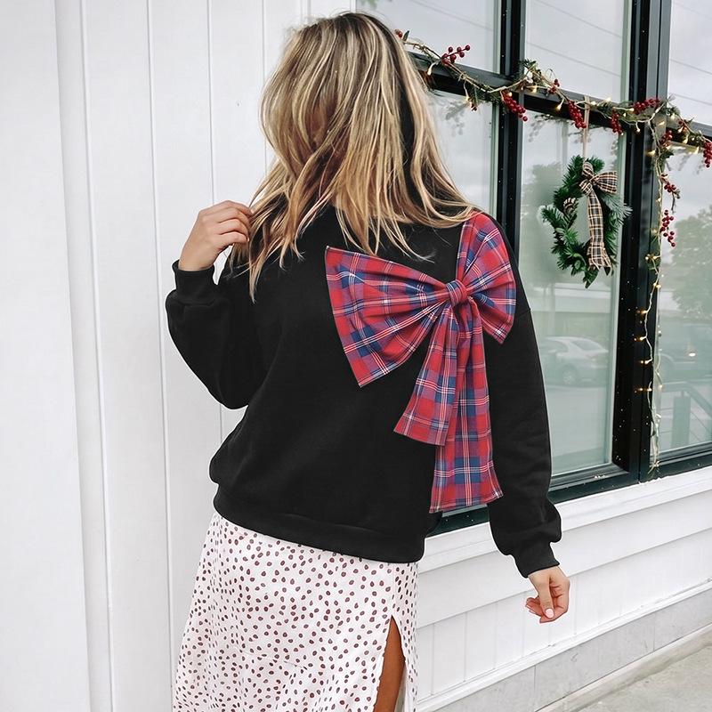 2026 Autumn/Winter Plaid Patchwork Bowknot Hoodie - Thickened Velvet, European/American Style, Round Neck