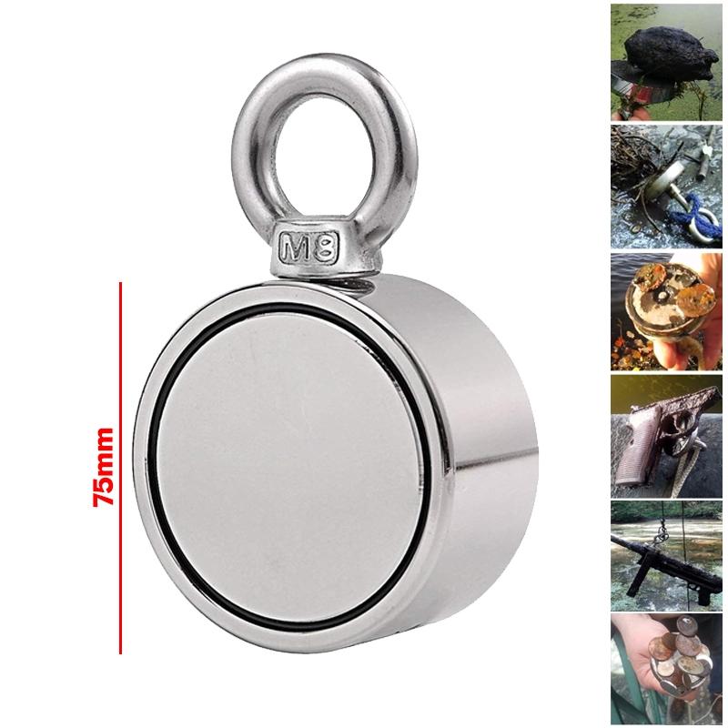 75mm 500KG Double-sided Fishing Magnets Round Hook Salvage Magnet Sea Fishing Equipments Holder with Ring 10M Rope