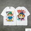 Vintage Cartoon Boy Graphic T Shirt, Cotton Crew Neck Short Sleeve Tee, Double Sided Graffiti Print Unisex Top