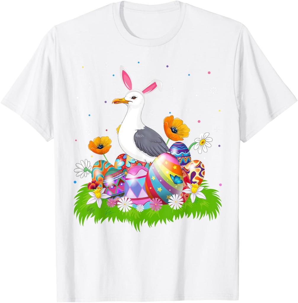Seagull Bunny Ears Easter Eggs Graphic Tee Men Casual Cotton Short Sleeve T-Shirt
