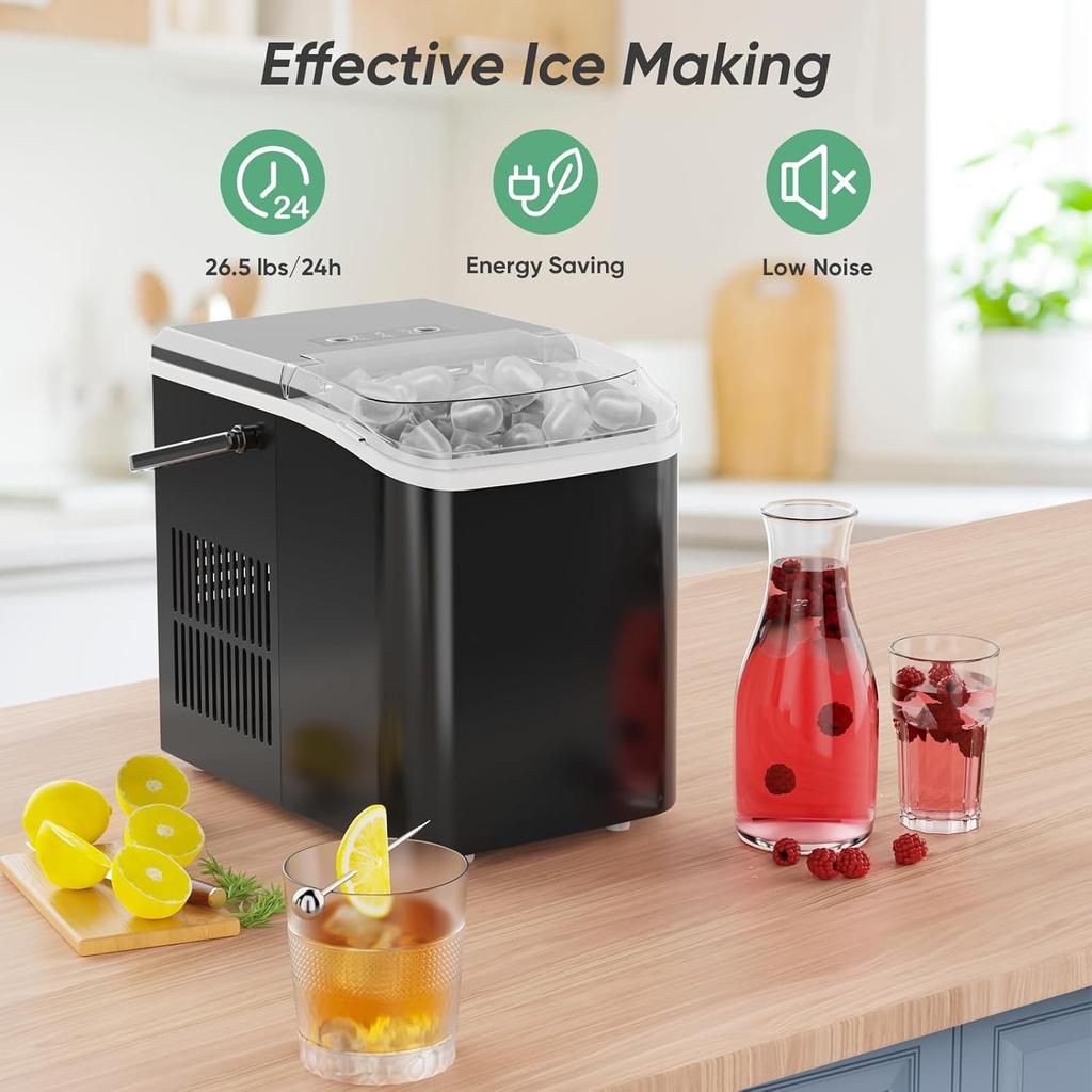 Portable Countertop Ice Maker, 26lbs/24H, 9 Cubes In 6 Mins, Self-Cleaning, Quiet for Home Kitchen RV Camping