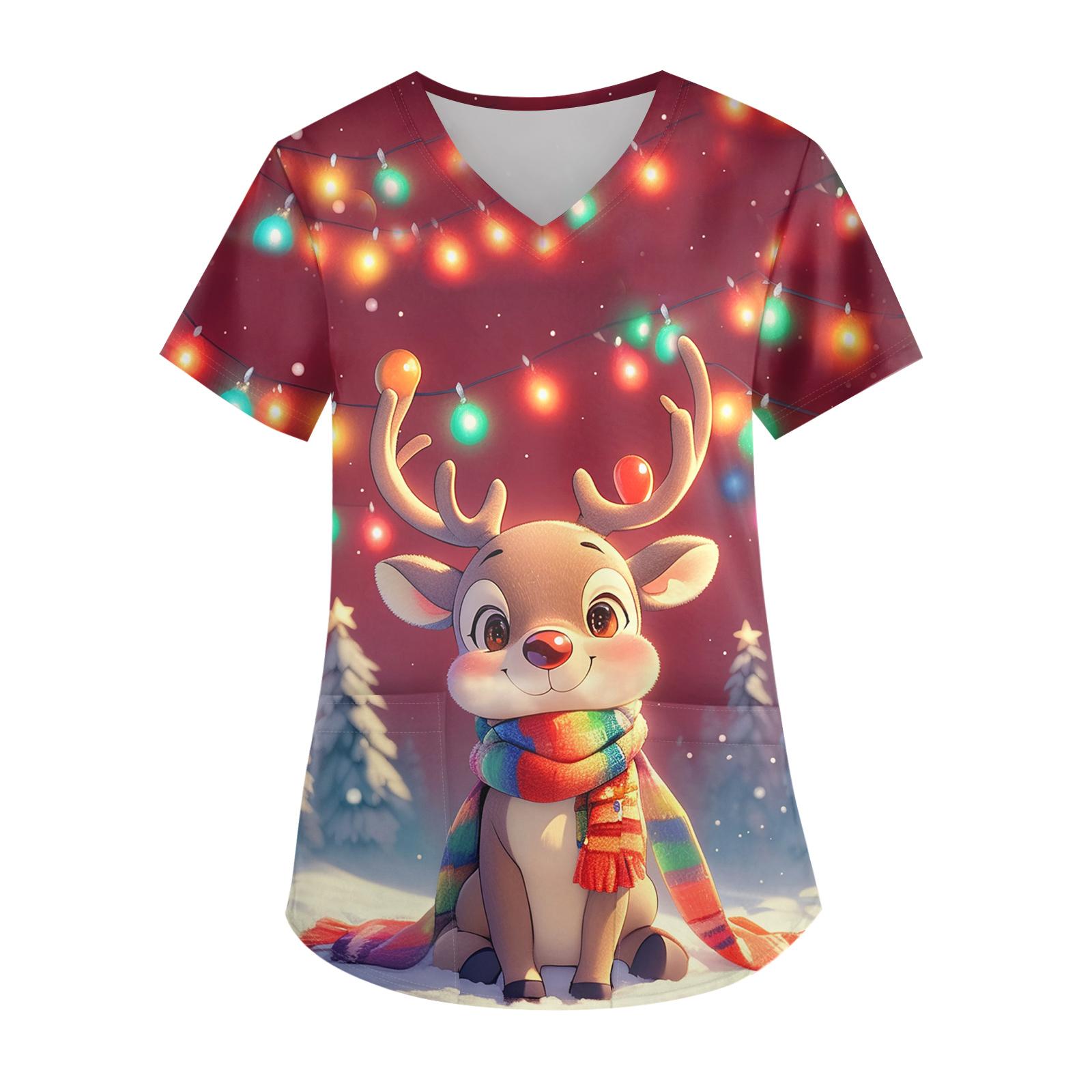 

Женская рождественская модная блуза с V-образным вырезом, карманом и коротким рукавом, униформа и топ для воспитателя S киноварь