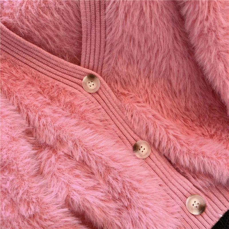Autumn Winter Women V-neck Single Breasted Imitation Mink Fur Mohair Soft Knitted Sweater Cardigan Coat Jacket