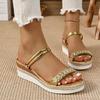 Fashion Basic Sandals Woman Casual Wedges Mid Heels Shoes Woman Solid Leather Buckle Strap Bight Diamond Summer Sandals