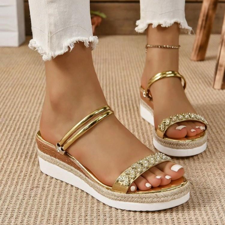 Fashion Basic Sandals Woman Casual Wedges Mid Heels Shoes Woman Solid Leather Buckle Strap Bight Diamond Summer Sandals